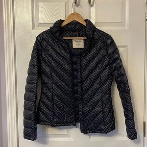Tommy Hilfiger lightweight puffer jacket, navy blue with cream polka dots